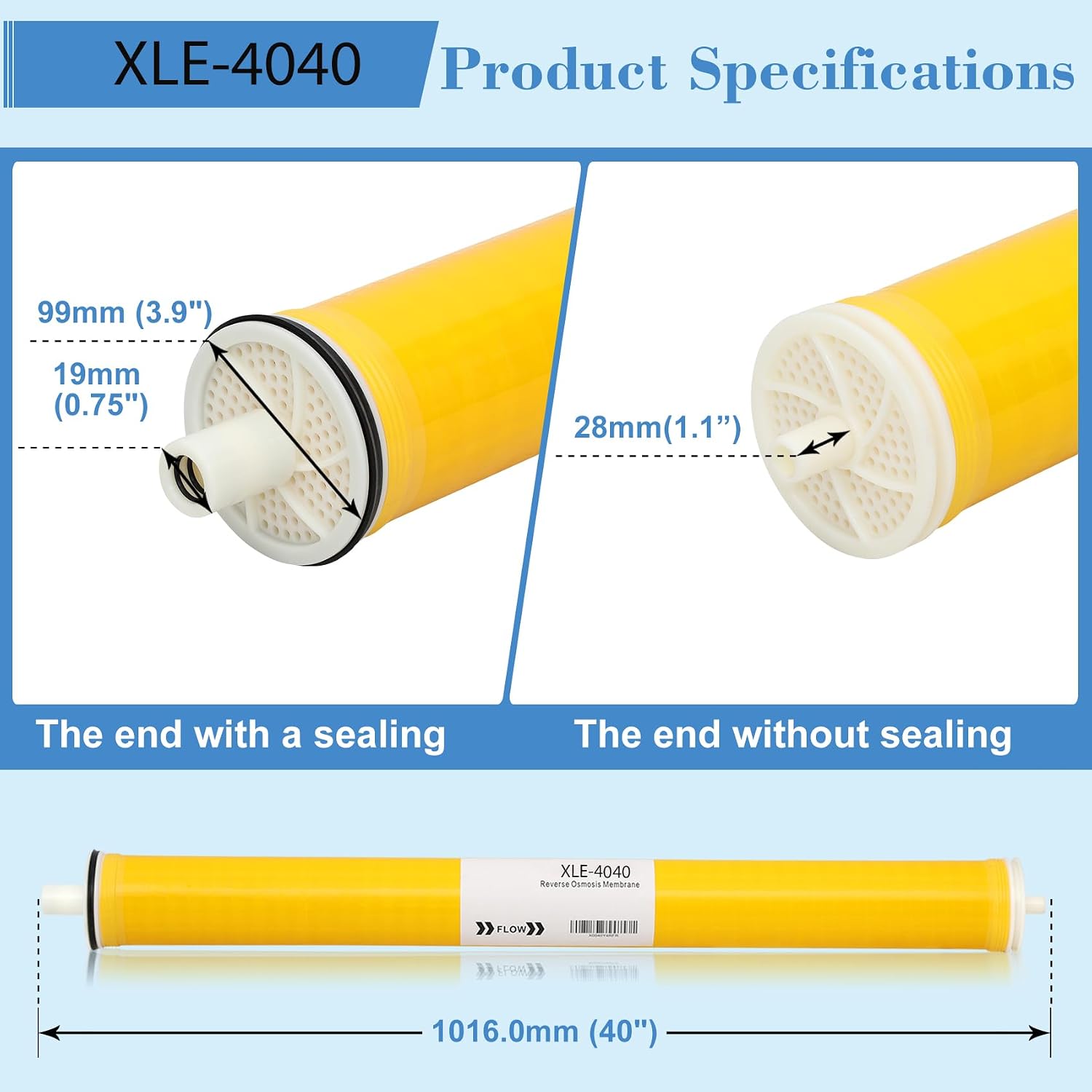 XLE-4040, XLE 4040 Reverse Osmosis Membrane for DOW Filmtec Membrane Replacement, 4 x 40 RO Membrane for Desalination, Commercial, Industrial, NSF Certified, TDS≤1000ppm, Salt Rejection 99%, 2600GPD