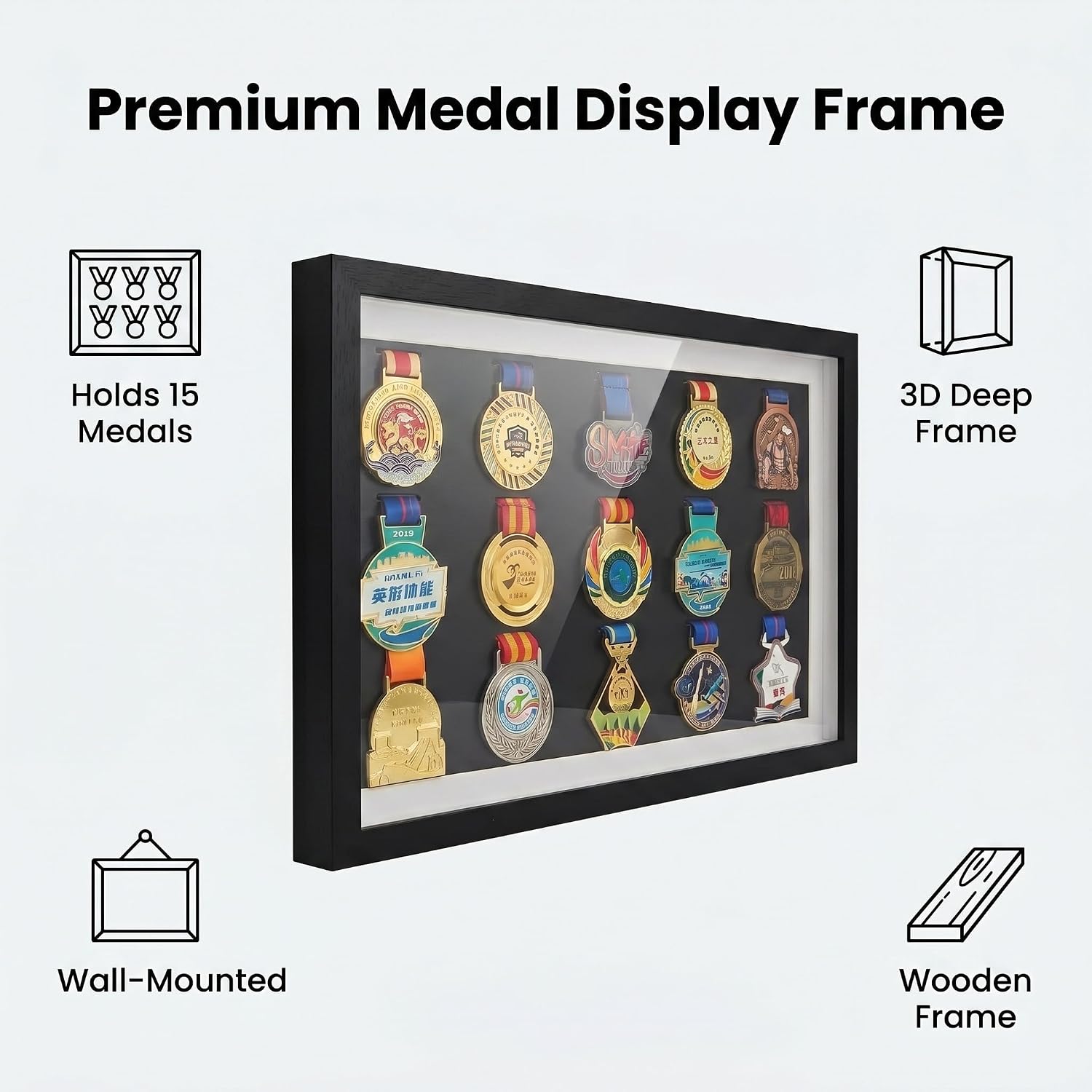 WANLIAN Marathon Medal Display Frame, Hold 15 Sports Medals