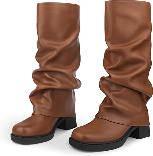 Women Mid Calf Boots Square Toe Boots Chunky Heels | Fold Over Boots,Slouchy Mid Calf Boots,Block Heel Boots