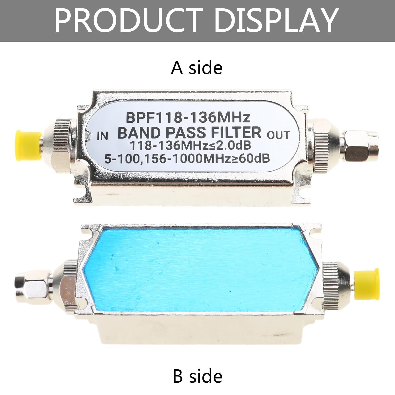 Filtro passa-banda BPF118-136MHz Filtro passa-banda 50ohm Interfacce SMA 0.1W Forza di ingresso Filtro passa-banda 20dBm
