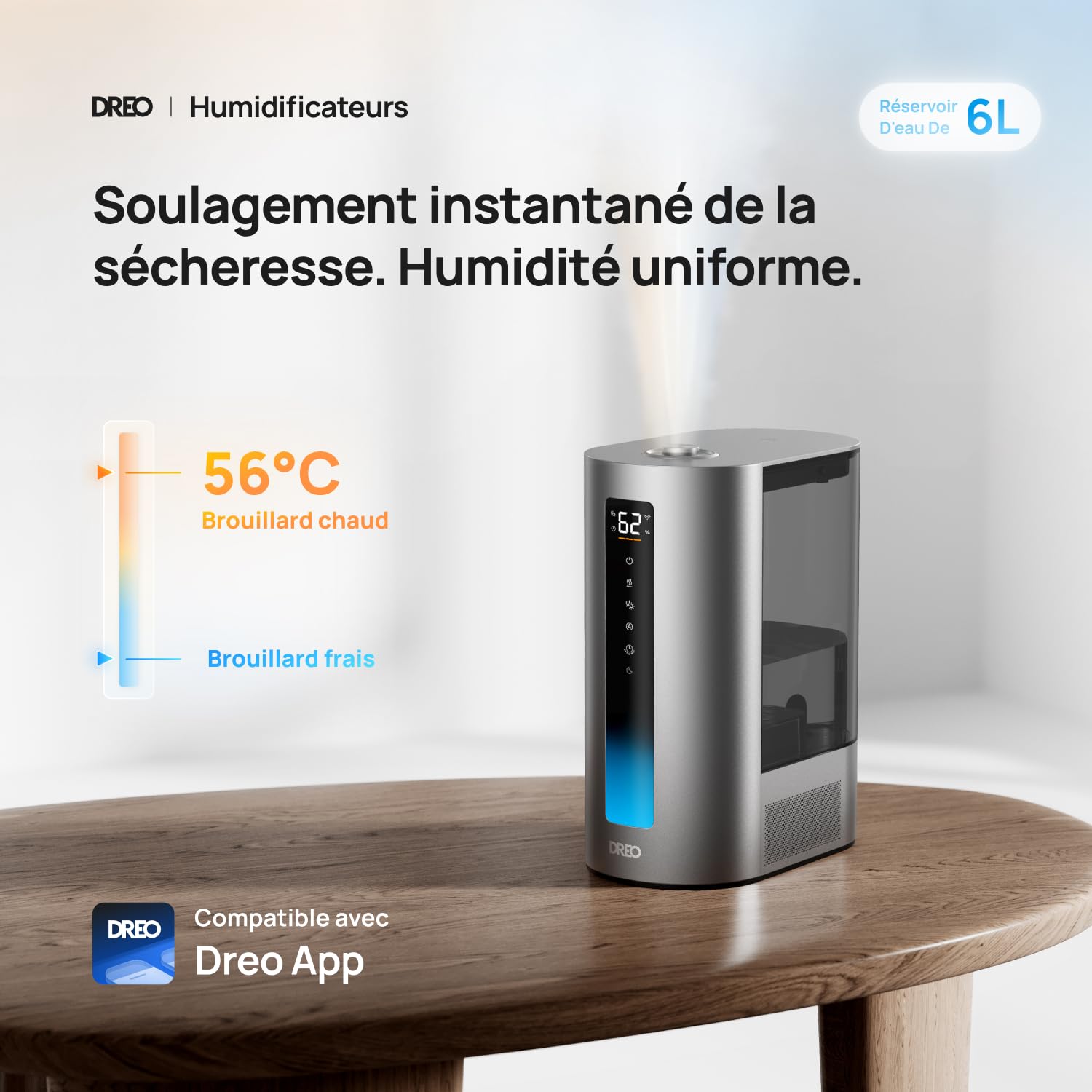 Dreo 6L Humidificateur chambre à coucher, intelligent, brume chaude/froide, pour plantes et bébé, remplissage par le haut, 60H d'autonomie, silencieux, avec minuterie, compatible Google/Alexa, HM713S