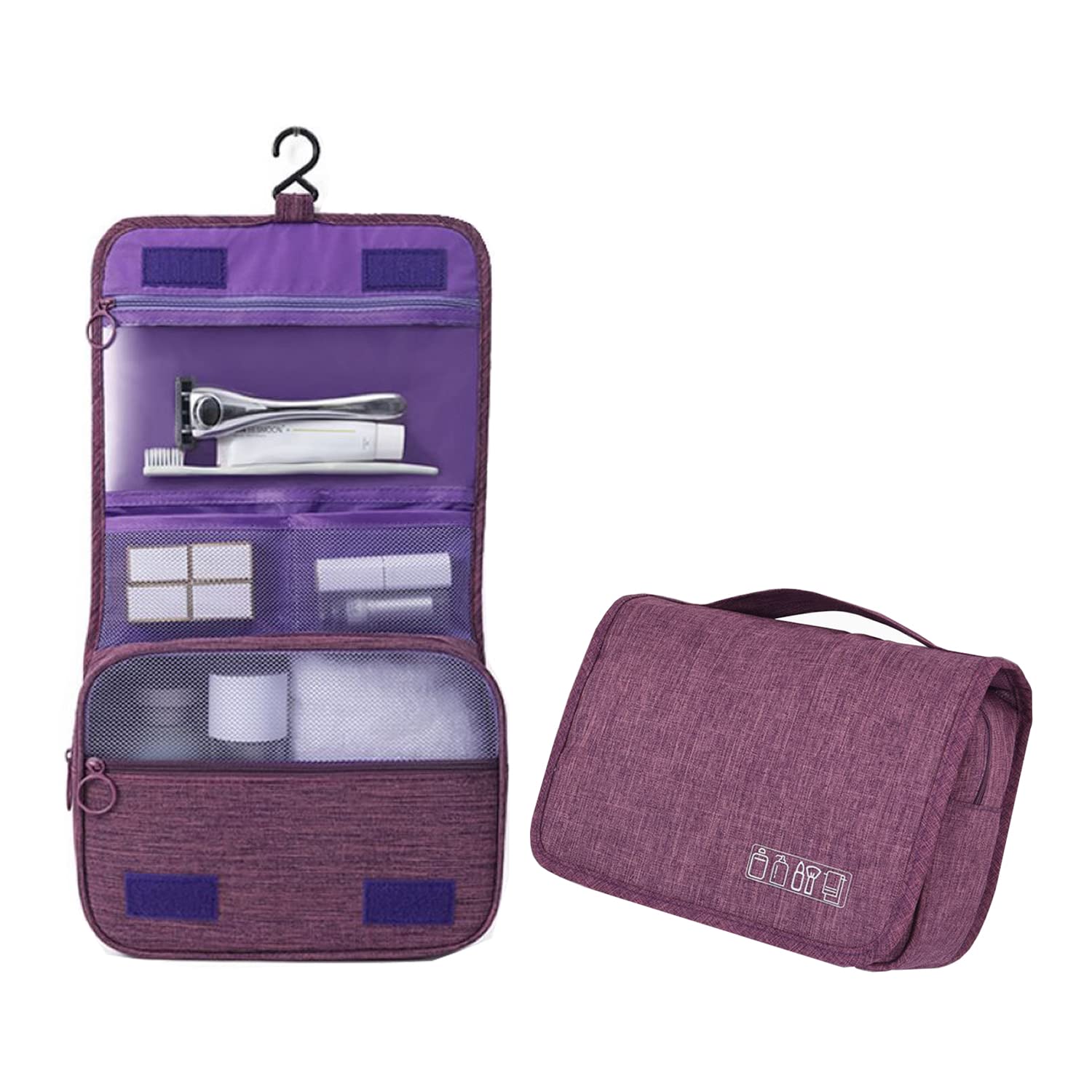 Beauty Case da Viaggio,Borsa da toilette da viaggio sospesa,Multi-compartimenti per Organizzare Oggetti Personali,Gancio in Metallo per Appendere (viola scuro)
