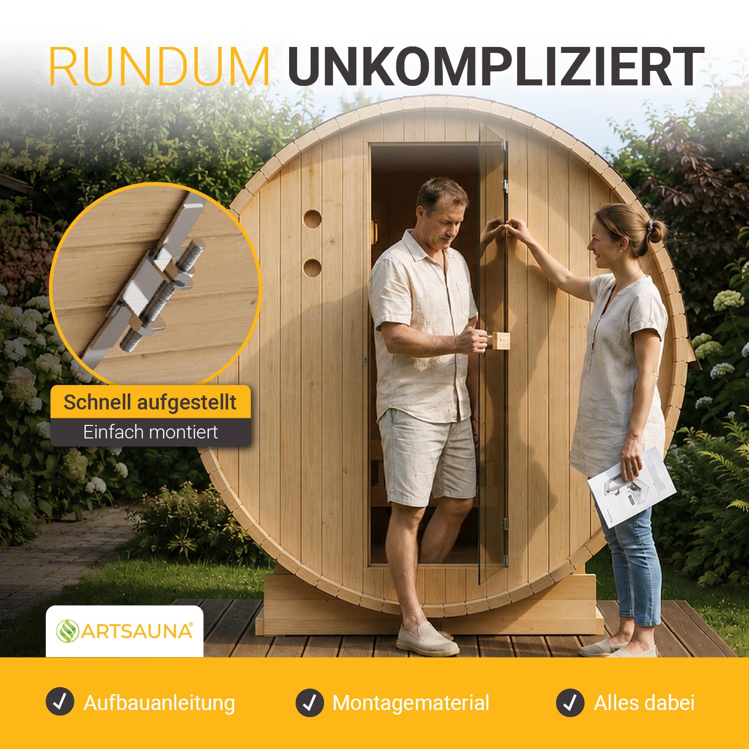 Artsauna Outdoor Fasssauna Spitzbergen 180 für 4 Personen - 6 kW Ofen, Saunasteine & Zubehör - Fichtenholz Außensauna