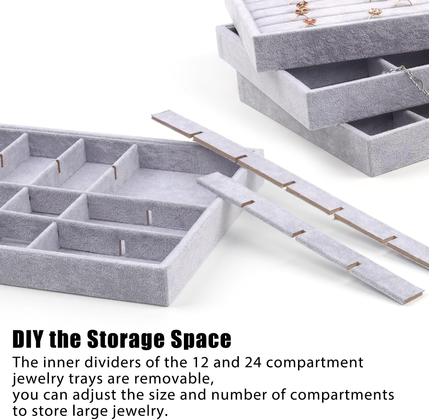 Rocutus Jewelry Trays,3 Pack Stackable Velvet Jewelry Organizer Tray Drawer Jewelry Storage Tray,Divided Ring Organizer Tray for Earrings, Necklaces, Bracelets,13.8"x9.5"x1.2" (Grey)