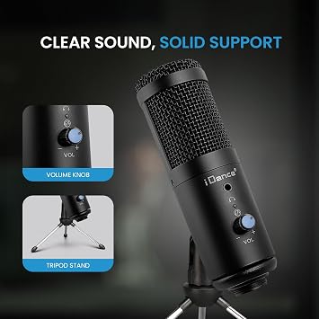 IDANCE Studio Vocal Cardioid Condenser Microphone, USB Plug-and-Play Studio Condenser Mic with Built-in Soundcard, Headphone Output, Tripod & Wind Filter, Mic Studio Setup for Recording & Streaming