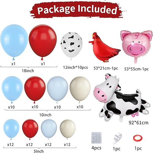 Miniatura 2 de Kit de arco de guirnalda de globos con temática de animales de granja, 114 globos rojos y azules con estampado de animales de granja para