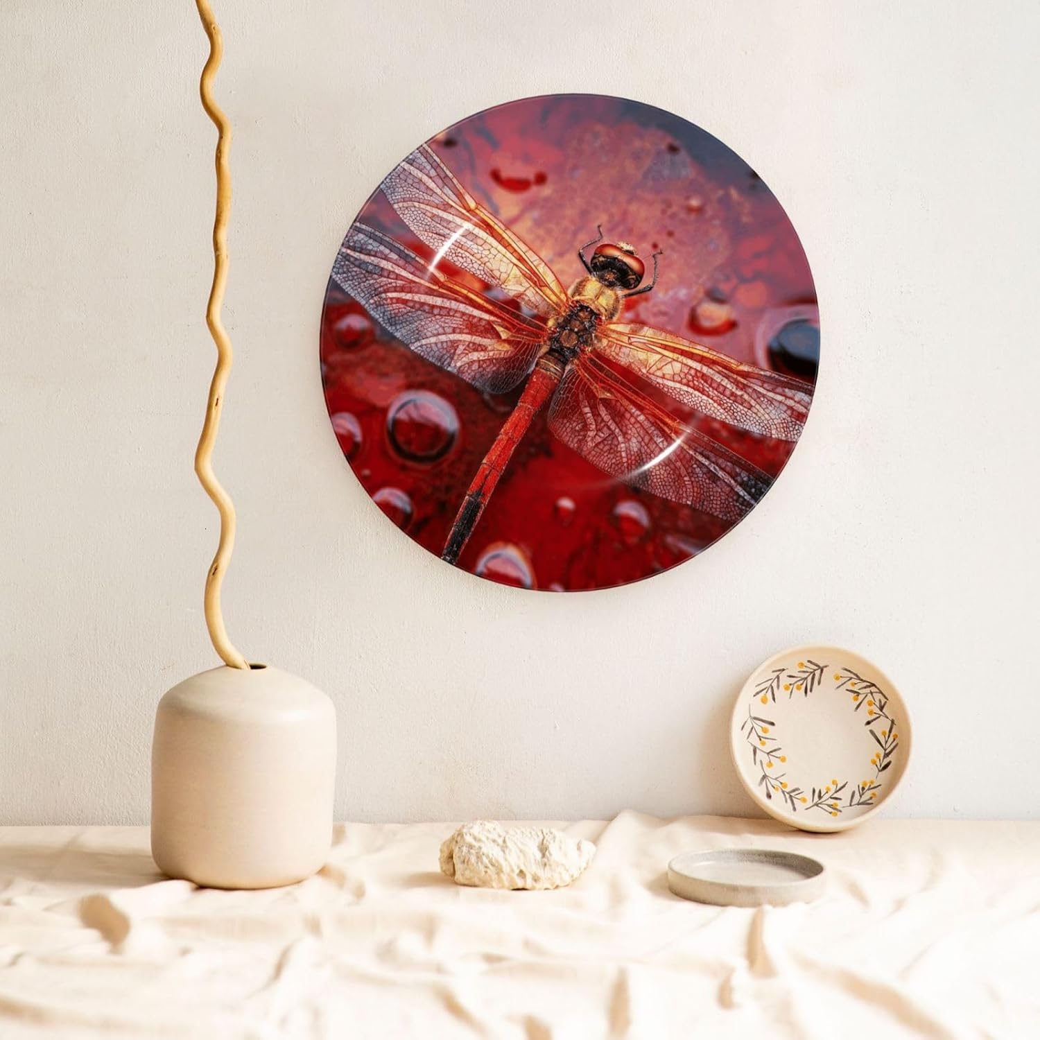 Decorative Plate 10in Bone China Dessert Plates with Display Stand Ceramic Ornament Ceramic Red Dragonfly Decorative Plates Art Crafts Porcelain Plate for Home Club Living Room