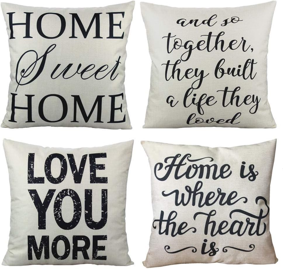VAKADO Home Sweet Home Decorative Quote Throw Pillow Covers Cases Rustic Family Words Country Decor 18x18 Set of 4 Cushion for Couch Sofa,Love You More