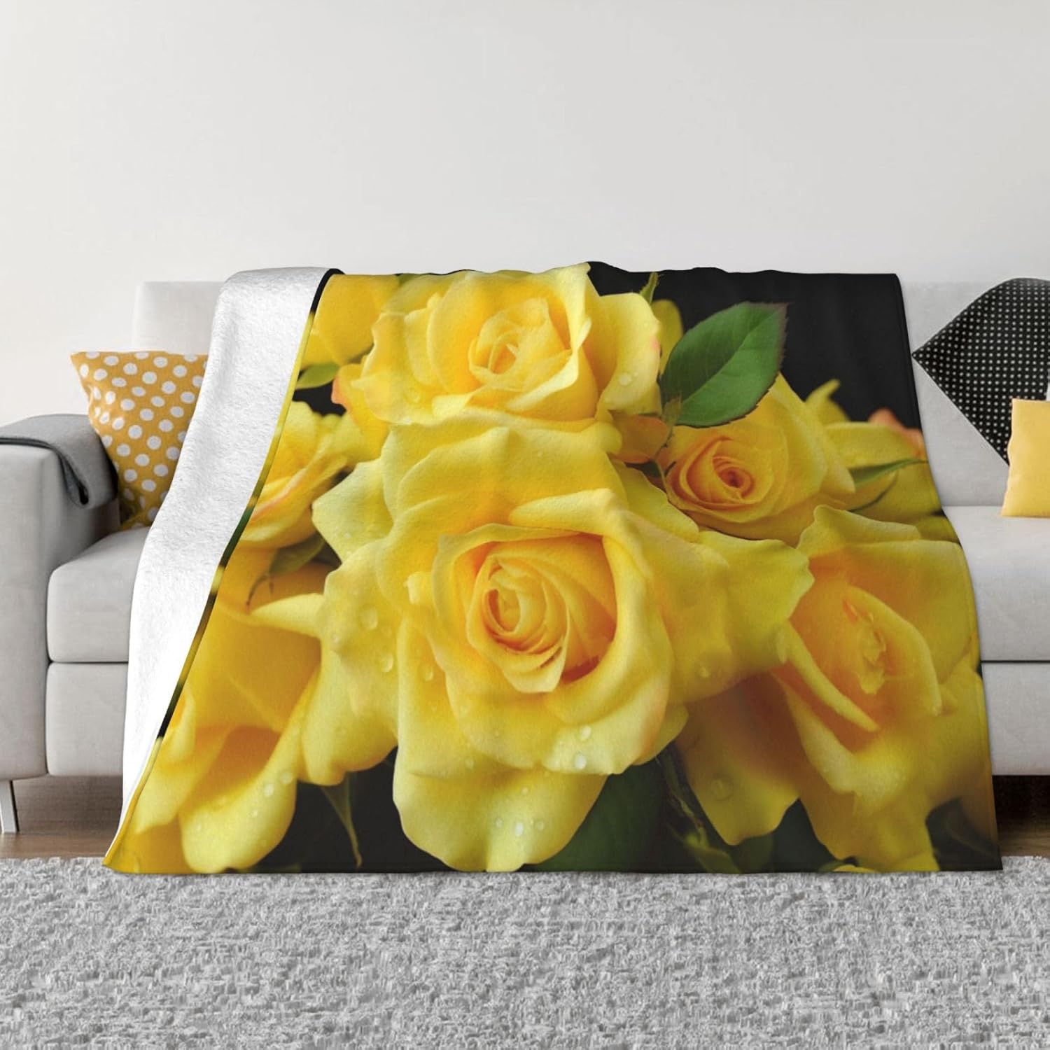 Yellow Rose Print Blanket Soft Cozy Throw Blanket Warm Lightweight Fleece Blanket Flannel Throw Blankets Plush Decor for Chair Bedroom Living Room Sofa Bed Outdoor Travel