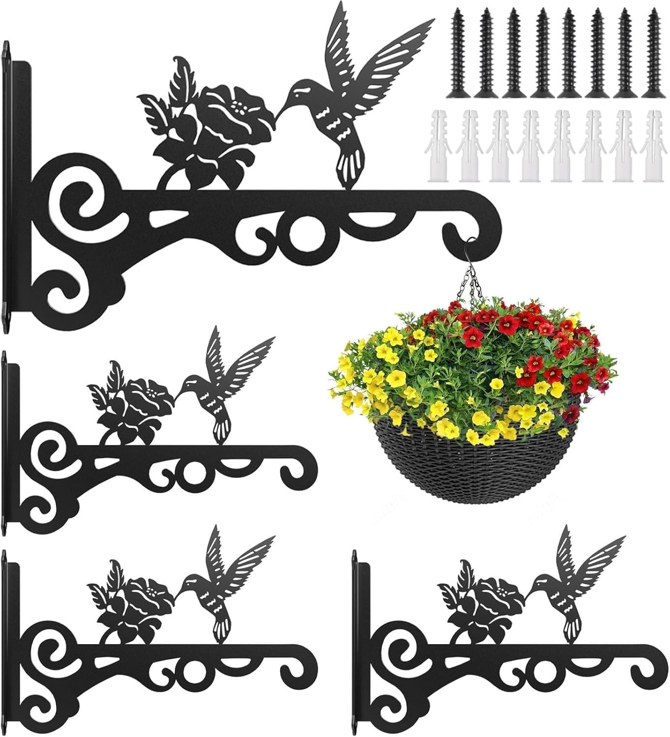 LATERN 4Pcs Hanging Basket Brackets, 25CM x 15CM Hummingbird Metal Wall Mount Planter Hanger Outdoor Hanging Basket Hook with Screw for Bird Feeder, Lantern, Wind Chime, Planter, Flower Pot