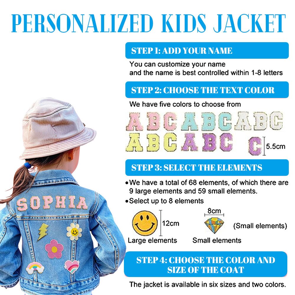 Personalisierte Jeansjacke für Kinder mit Namen, Individuell langärmelige Jeansjacke mit Muster für Mädchen und Jungen, 1-10 Jahre, Geschenke zum Schulanfang, Geburtstag und Weihnachten