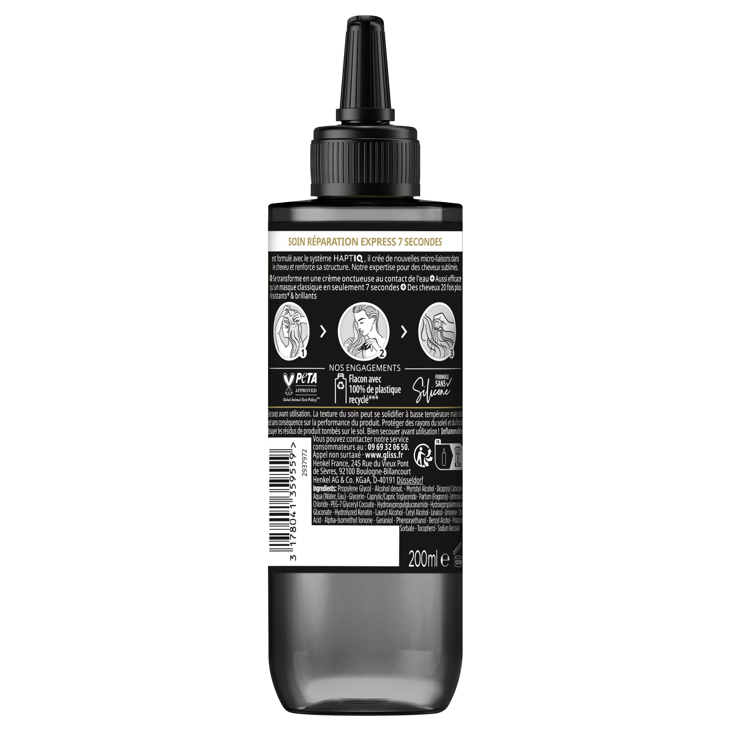 GLISS, Schwarzkopf, Soin Réparation Express 7 Secondes, Ultimate Repair, Cheveux Secs et Abîmés, Brillance et Resistance, Keratine Liquide et Serum Perle Noire, 200 ml