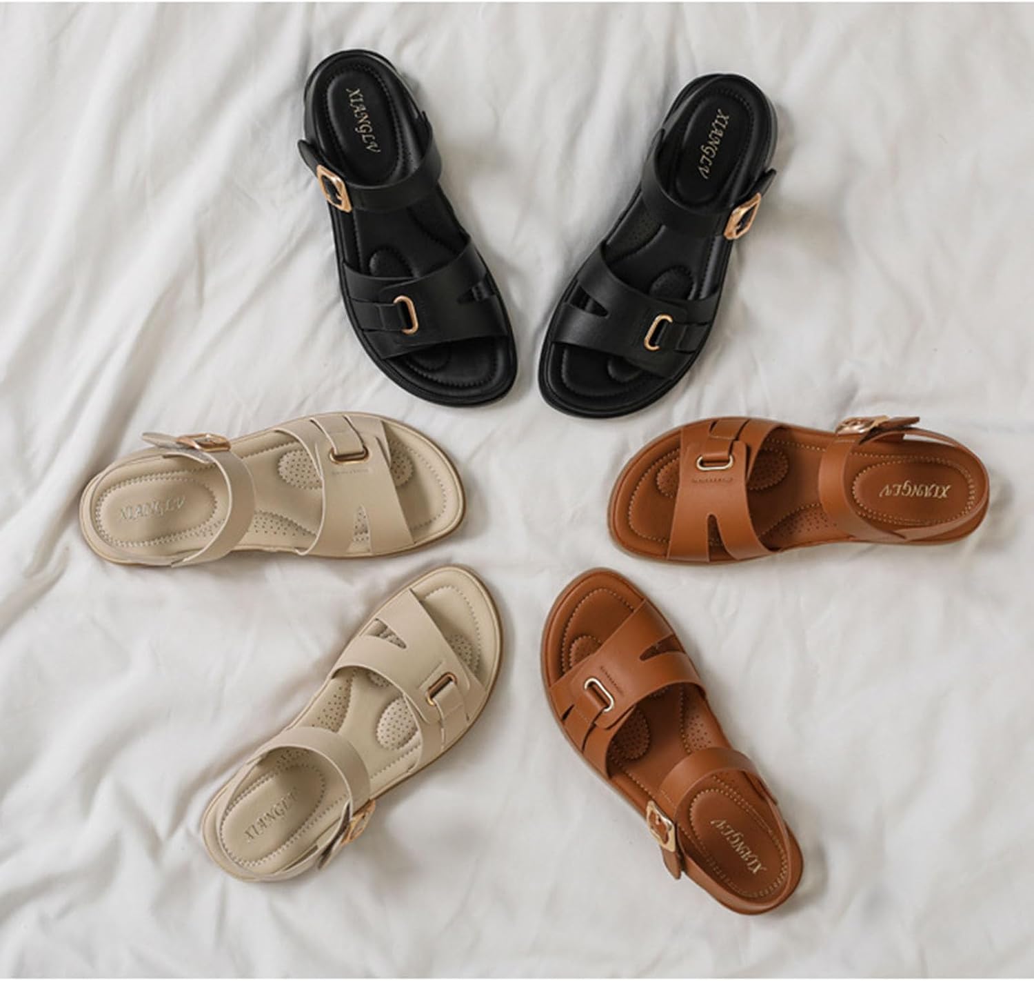 Myallfeet New Women's Summer Thick Sole Soft Bottom Sandals No Fatigue Wear Metal Buckle Accent Roman Fashion Non-Slip Beach Outdoor Casual Walking Vacation Sandals for Ladies