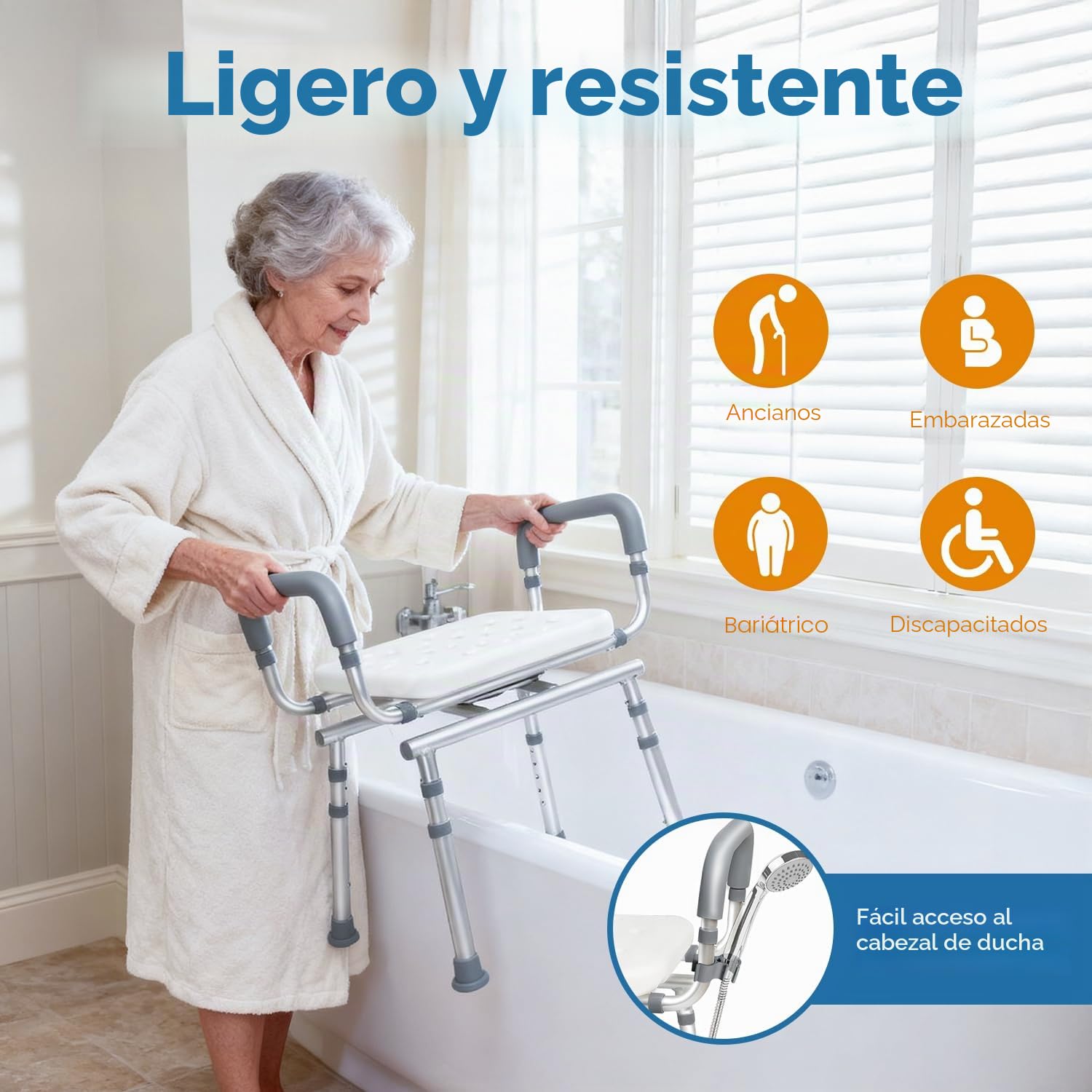 Agrish Silla de Ducha Giratoria 360° para Personas Mayores, Altura Ajustable con Brazos Desmontables y Soporte para Ducha, Antideslizante, Capacidad 159 kg