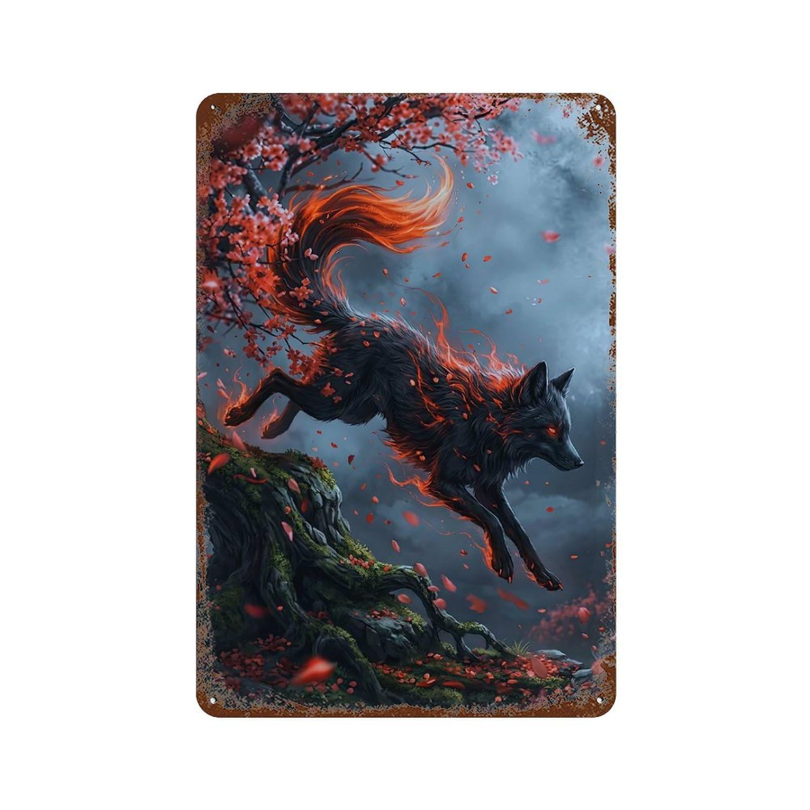 Fiery Fox Leaping Through Cherry Blossoms 11.8"x7.9" Weathered Tin Sign, Shabby Chic Decor for Farmhouse, Kitchen And Entryway Decor