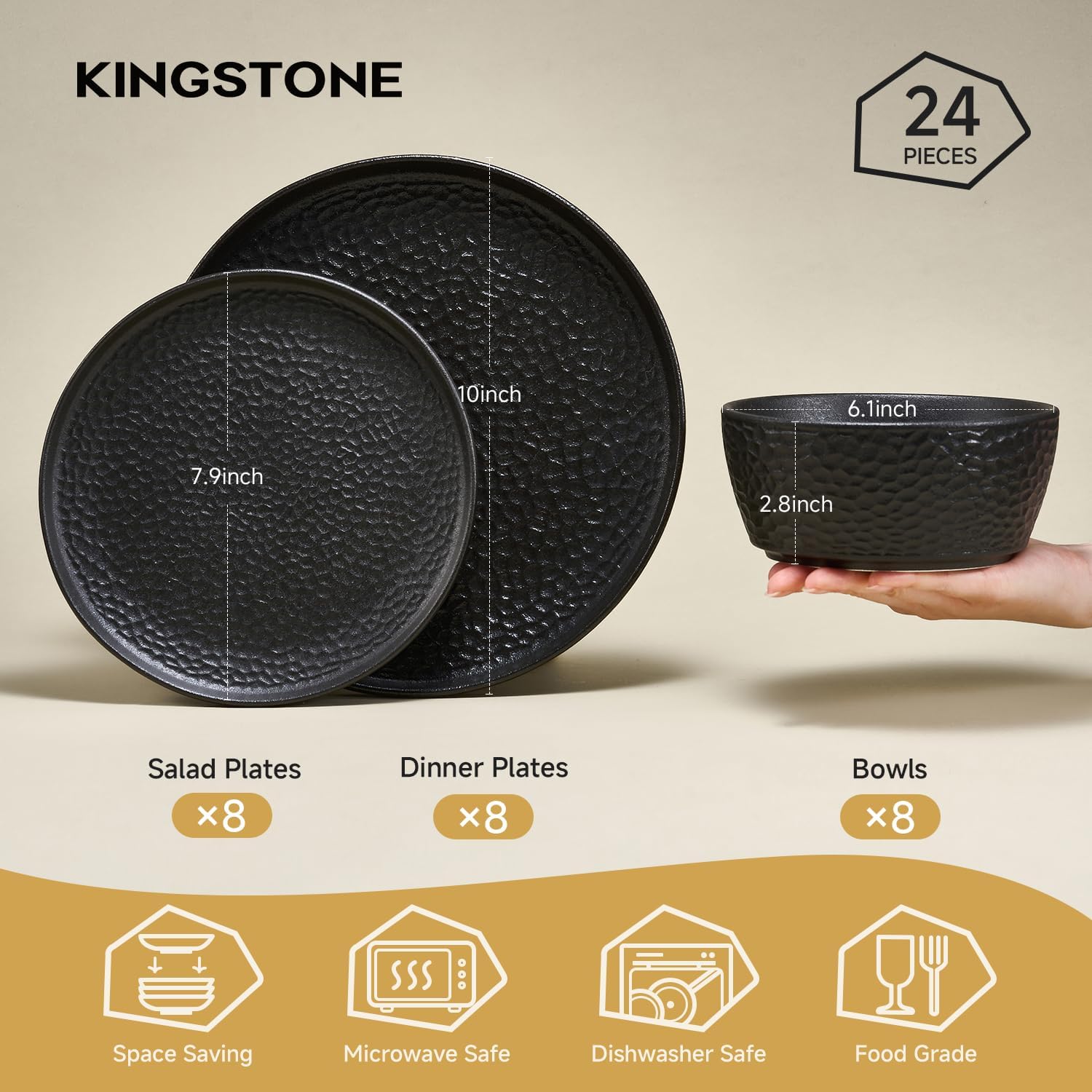 KINGSTONE Ceramic Dinnerware Set, 24-Piece Porcelain Plates and Bowls Set for 8, Matte Black or White, Hammered Texture, Microwave, Dishwasher & Oven Safe, Perfect for Home, Weddings & Gifts