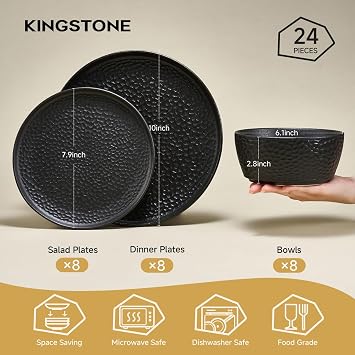 KINGSTONE 24-Piece Hammered Ceramic Dinnerware Sets, Matte Black