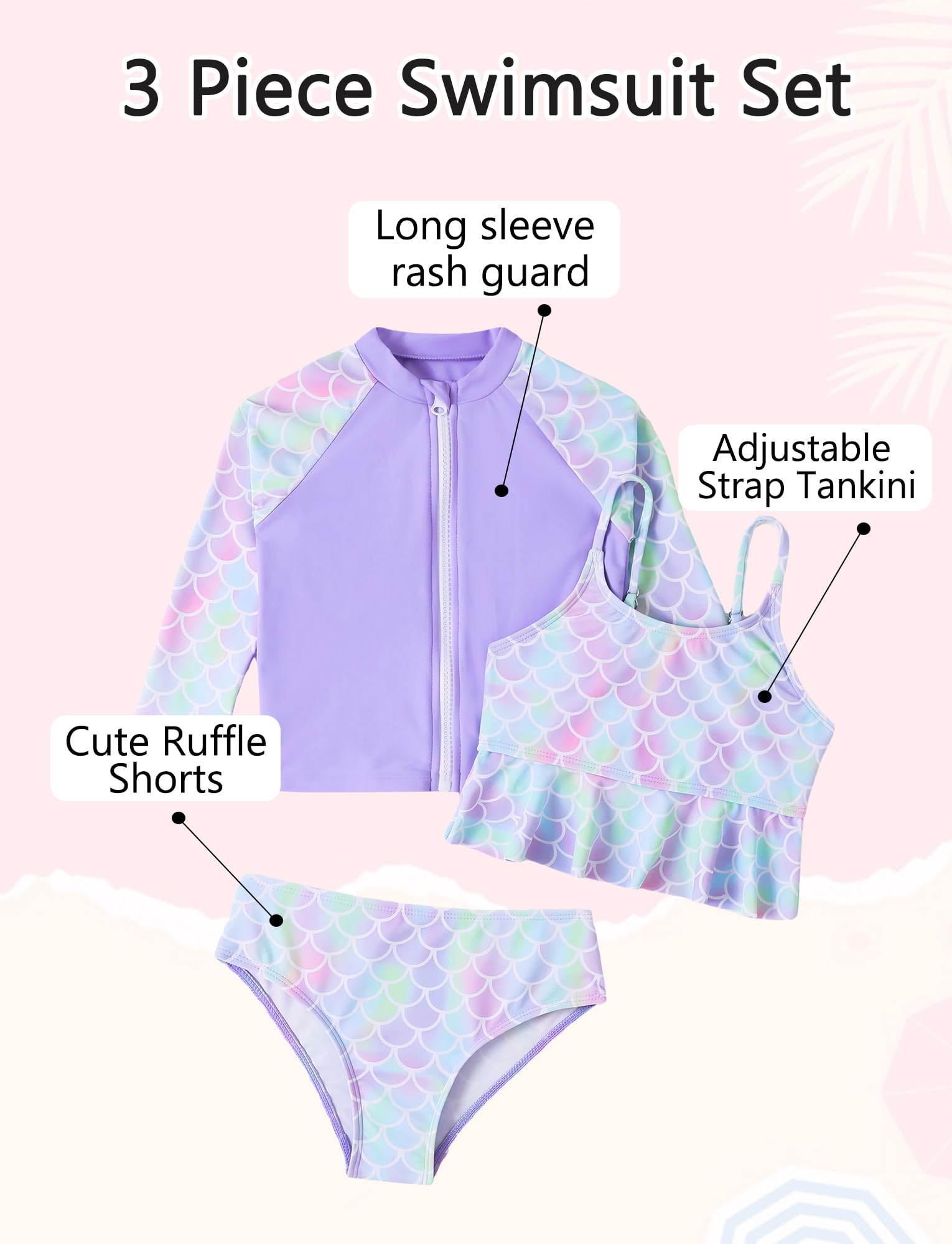 Happy Cherry Ensemble Rashguard 3 Pièces Enfant Fille 3-7 Ans Maillot de Bain Manches Longue Protection Solaire