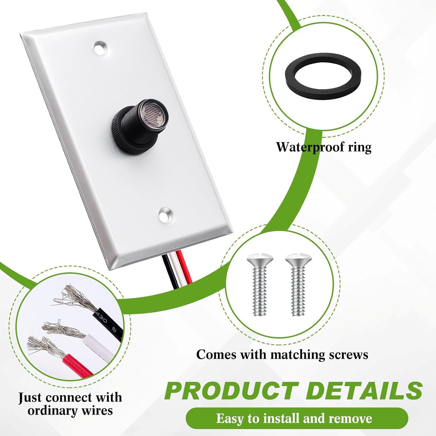 2 Pcs Photocell Sensor for Outdoor Lights with Photocell and Wall Plate, Hardwire Light Control, Controls Lighting Dusk to Dawn Compatible with Incandescent Compact Fluorescent Halogen LED