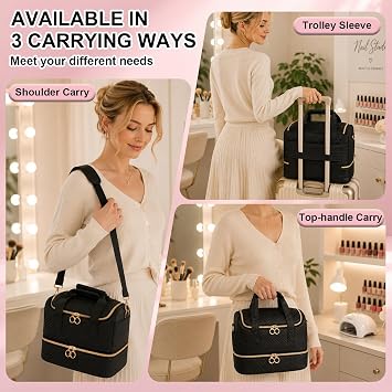 Veirdro Nail Polish Organizer Bag Holds 80 Bottles (15ml/0.5fl.oz)& Nail Lamp, Soft Nylon Nail Kit Storage Carrying Case with Shoulder Strap, Double Layer Nail Supplies Organizer Handbag Women Black