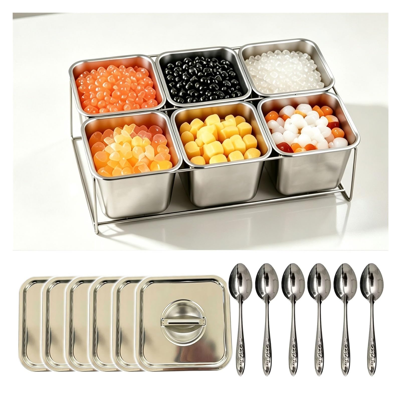 Tyzlup Condiment Serving Station for Cafe Drink Shop Prep Counter, Stainless Steel Salad Bar Container, Topping Bar for Restaurant Salad Fruit Vegetable Dressing Bar