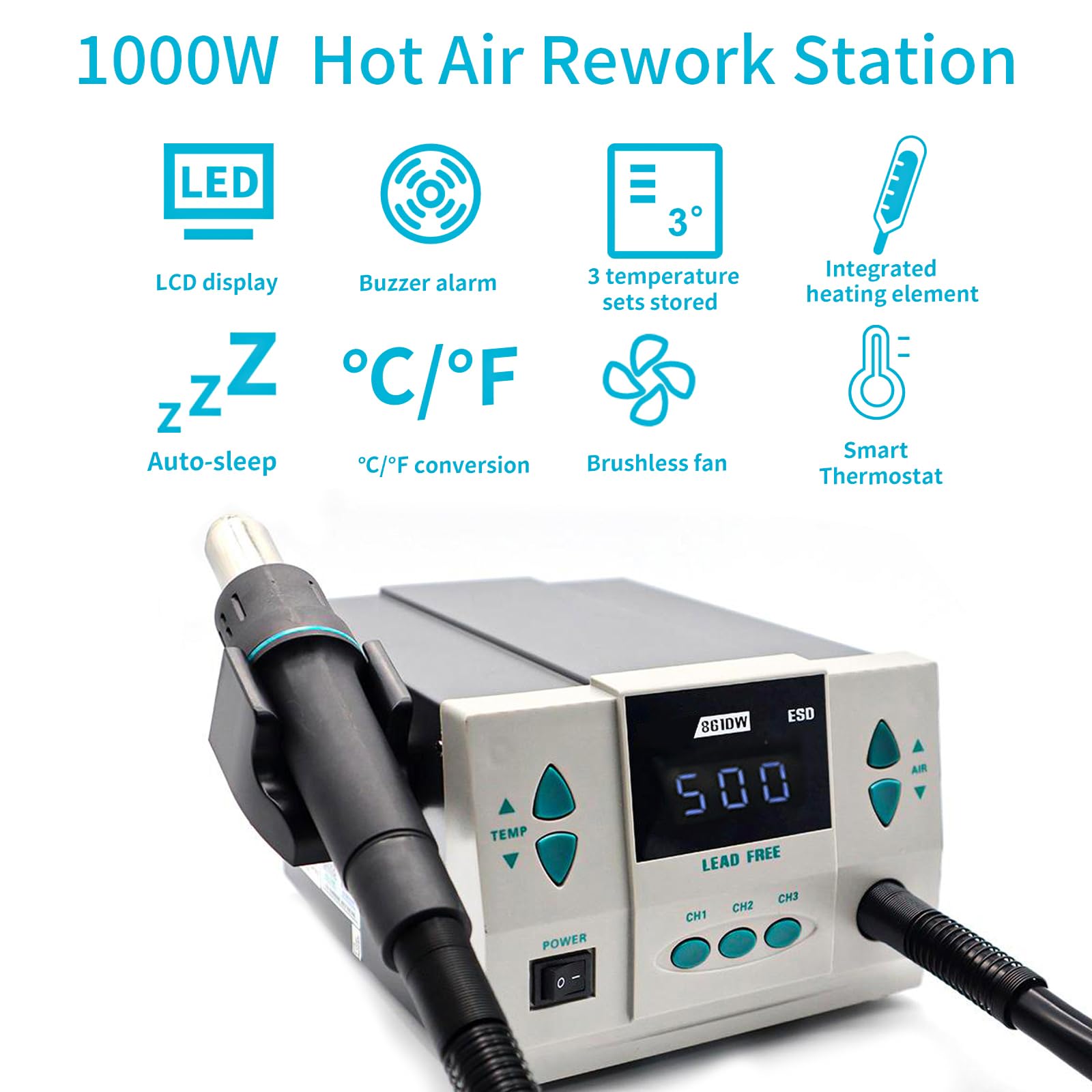 Estación de retrabajo de aire caliente 861DW, visualización digital de 110 V, 1000 W, estación de soldadura automática de aire caliente, con 7 boquillas de aire, pistola de desoldadora de temperatura