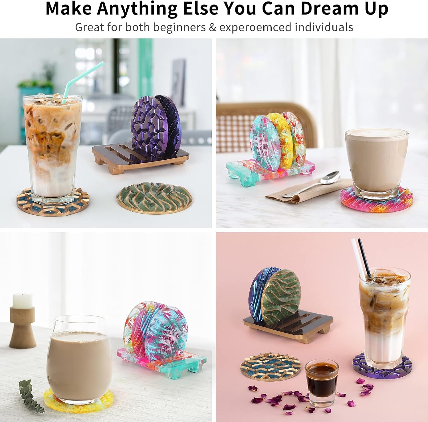 Coaster Molds for Resin Casting, 4PCS Round Resin Coaster Molds with Coaster Holder Mold, Different Pattern Silicone Coaster Molds for Epoxy Resin DIY Home Decoration, Cup Coaster Mold Set-5pcs