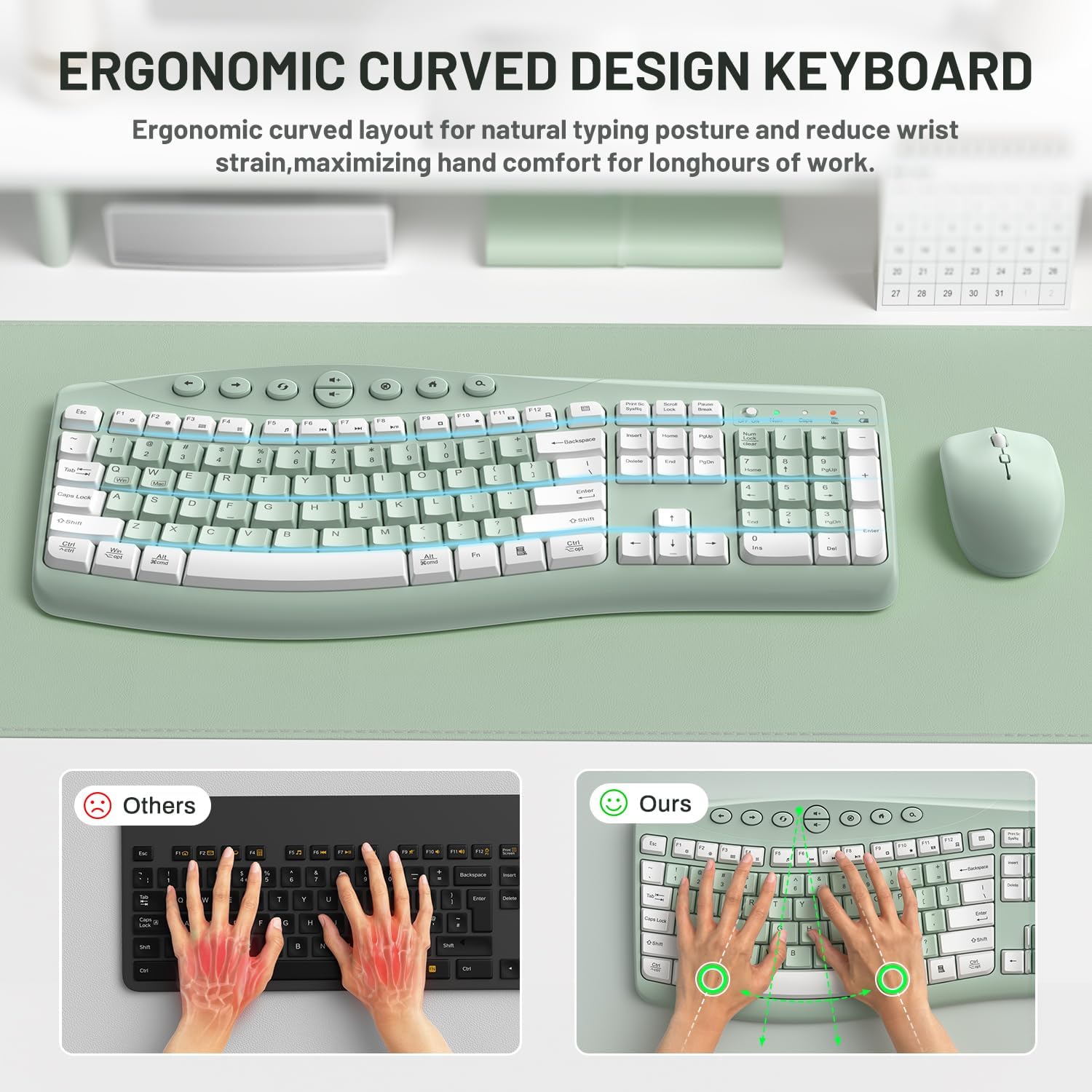 Wireless Keyboard and Mouse Combo,2.4G Full Size Ergonomic Curved Silent Keyboard with Fn Multimedia Keys for Office and Home, 3-DPI Quiet Mouse for Windows,Mac OS Desktop/Laptop/PC(Avocado Green-A) 4 71 e 2B nbL. AC SL1500