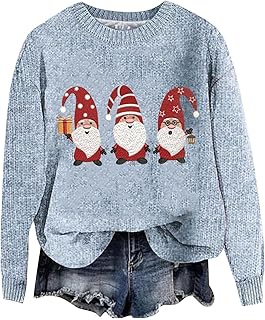 Sudadera de Navidad para mujer, diseño de Papá Noel, muñeco de nieve, camisetas de Navidad, manga larga, cuello redondo, ajuste holgado, blusa de otoño, color azul claro