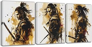 MODOJOART Japanese Samurai Canvas Wall Art, Asian Warriors Painting Poster Japanese Culture Ancient Warrior Vintage Picture Print for Living Room Bedroom Decor Set of 3(Artwork-01, 12"x16")