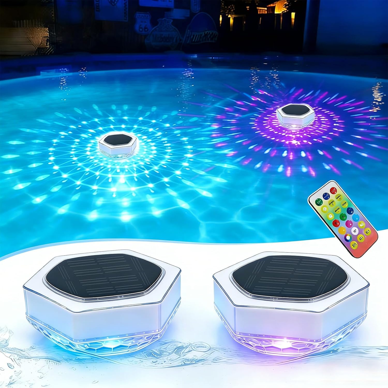 2 Stück Solar Poolbeleuchtung Unterwasser, IP68 Pool Licht | mit Fernbedienung, RGB, Timer, 3 Modi, Schwimmende Pool beleuchtung Lichter für Whirlpool Badewanne Spa Garten Balkon