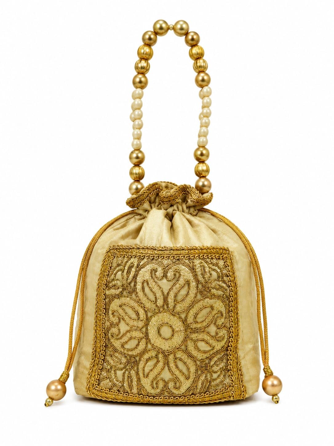 Cream Gold Embroidered Potli Bag with Beaded Handle-image-40