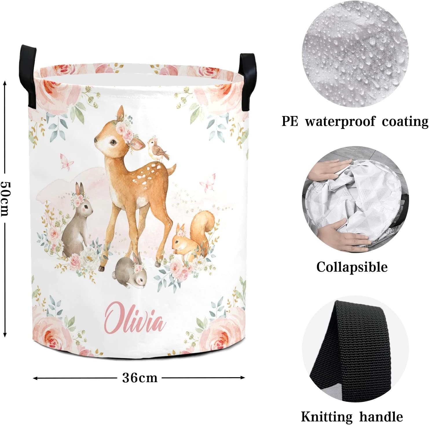 Deer Bunny Floral Pink Woodland Personalized Laundry Basket Clothes Hamper with Handles Waterproof,Collapsible Laundry Storage Baskets Decorative