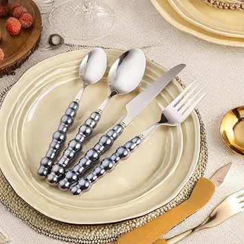 Silverware Flatware Set, 4/16/24/32/40/48 Pieces 18/10 Stainless Steel Knives Forks and Spoons with Pearl Ceramic Handles, Luxury Steak Knives Dessert Spoons for Home