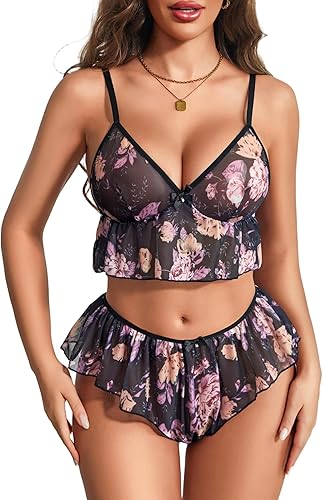 Avidlove Sexy Pajamas for Women Set Sheer Lingerie Set 2 Piece Mesh Cami Shorts Nightwear