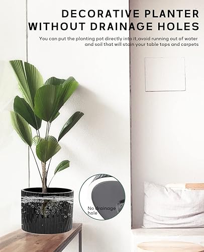 Miniatura 5 de LaDoVita Maceta de cerámica con soporte, maceta de 10 pulgadas con estante de madera, macetas redondas modernas para interiores con soporte para