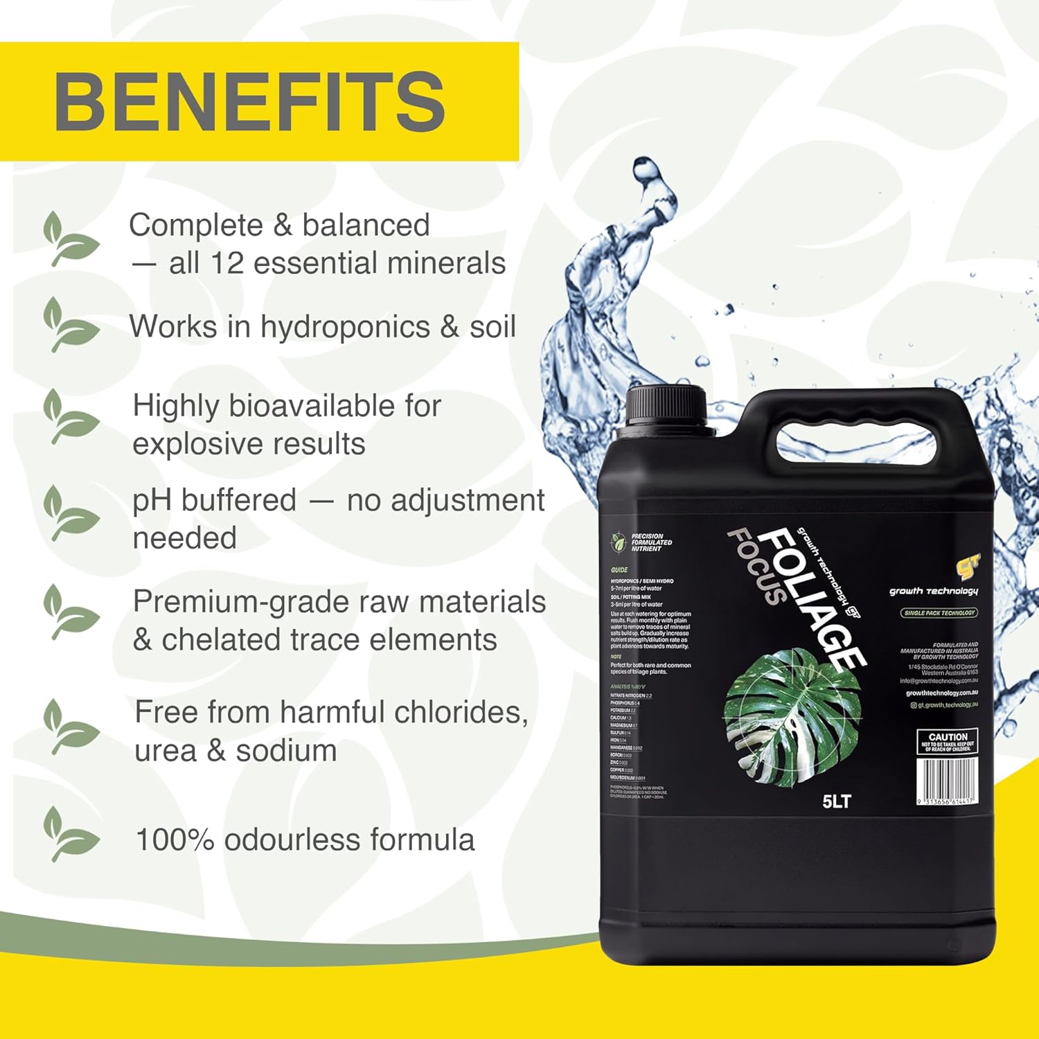 Growth Technology GT Foliage Focus – Liquid Indoor Plant Food Nutrient for Houseplants, Tropical Plants, Aroids, Ferns & Palms – Concentrated Formula for Vibrant Leaves & Dense Foliage – 5 Liters