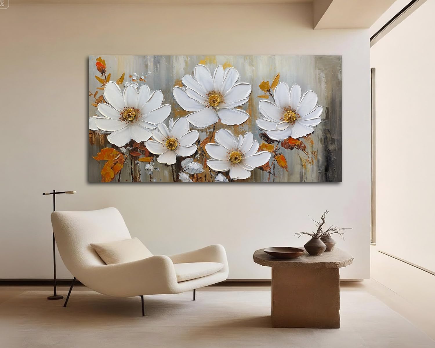 Acocifi Large Flower Wall Art for Living Room Textured Vintage Painting Elegant White Floral Picture, Grey Brown Artwork for Living Bedroom Dining Room Office Home Decor 40"x20"
