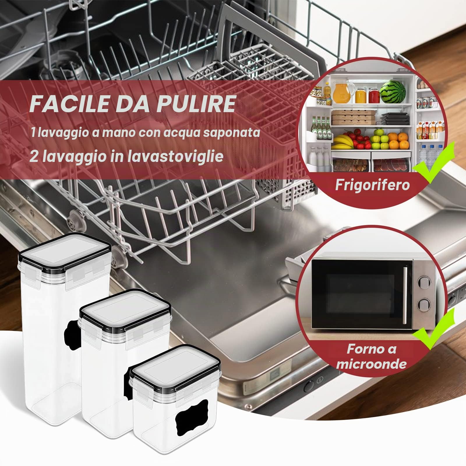 Contenitori Ermetici per Alimenti e Cereali, Set 16 Pezzi, 4 Taglie, Senza BPA, per Pasta, Farina, Zucchero, in Plastica con Coperchio e Etichette, Cucchiaio