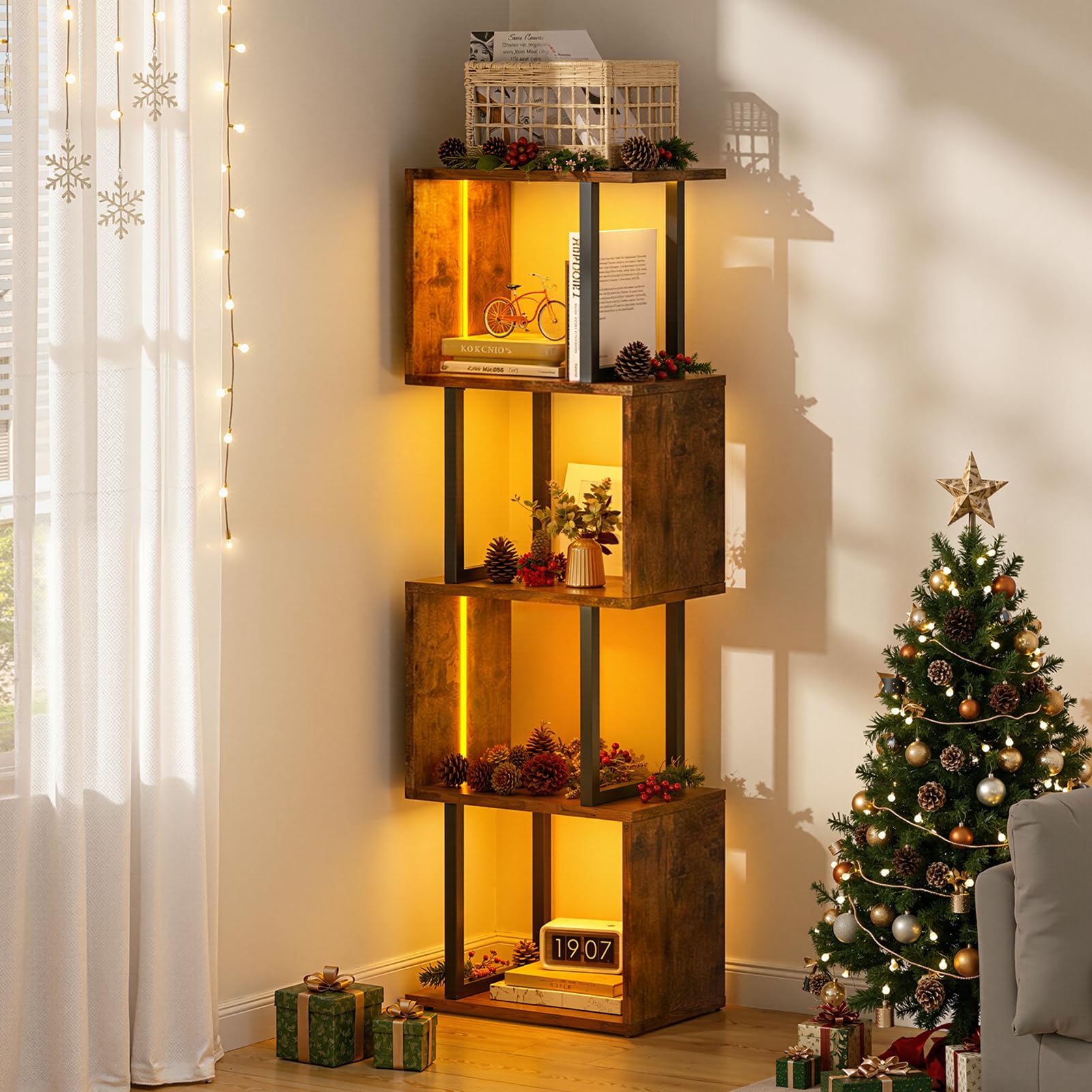 Warmiehomy Bookcase, 5-Tier S-Shaped Bookshelf, Wood Display Shelves with LED Light, Industrial Shelving Unit for Living Room, Bedroom & Home Office, Plant, 38 x 24 x 117 cm, Rustic Brown — image 1