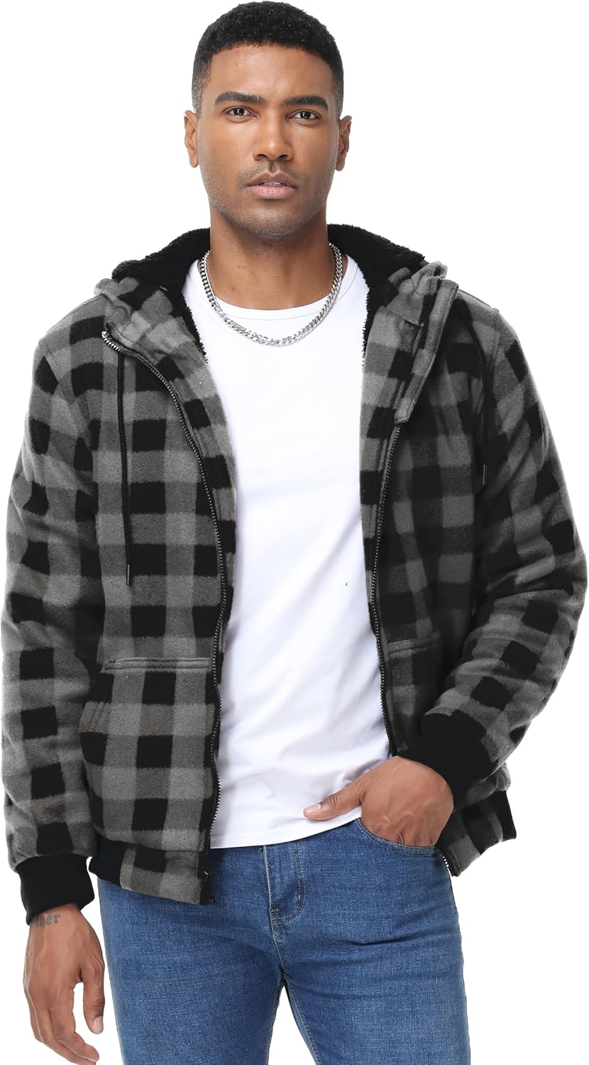 ZITY Hoodies for Men Flannel Fleece Sweatshirt Plaid Full Zip Up Jacket Sherpa Lined Winter Warm Coat - Image 2