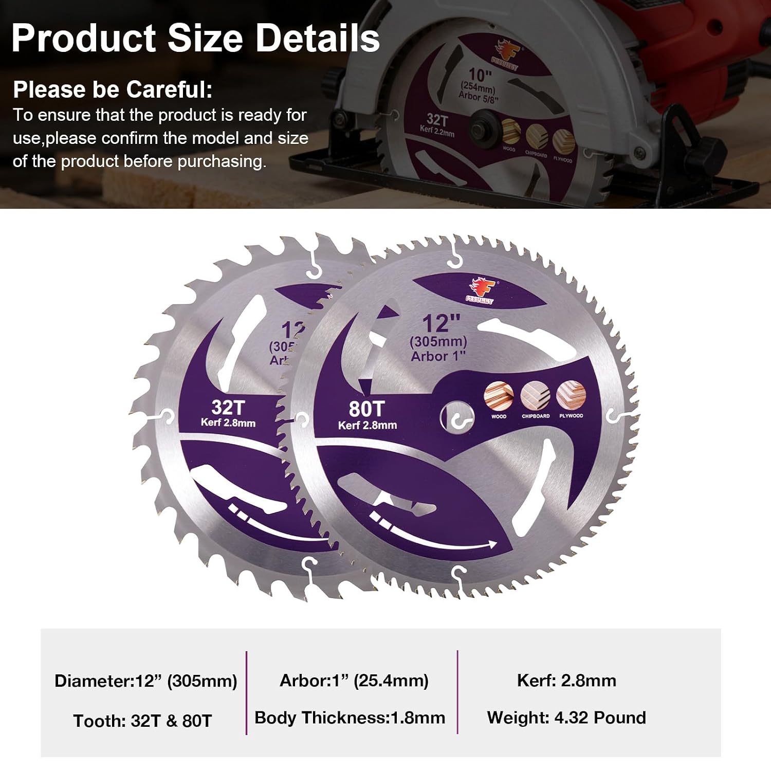 12" Circular Saw Blade, 32T&80T 2pcs-Set, Table Saw Blade, Miter Saw Blade. | Diameter 12 inch, Arbor 1 inch, 32T&80T 2pcs Set, for Cutting Various Wood, Plastic and Composite Materials