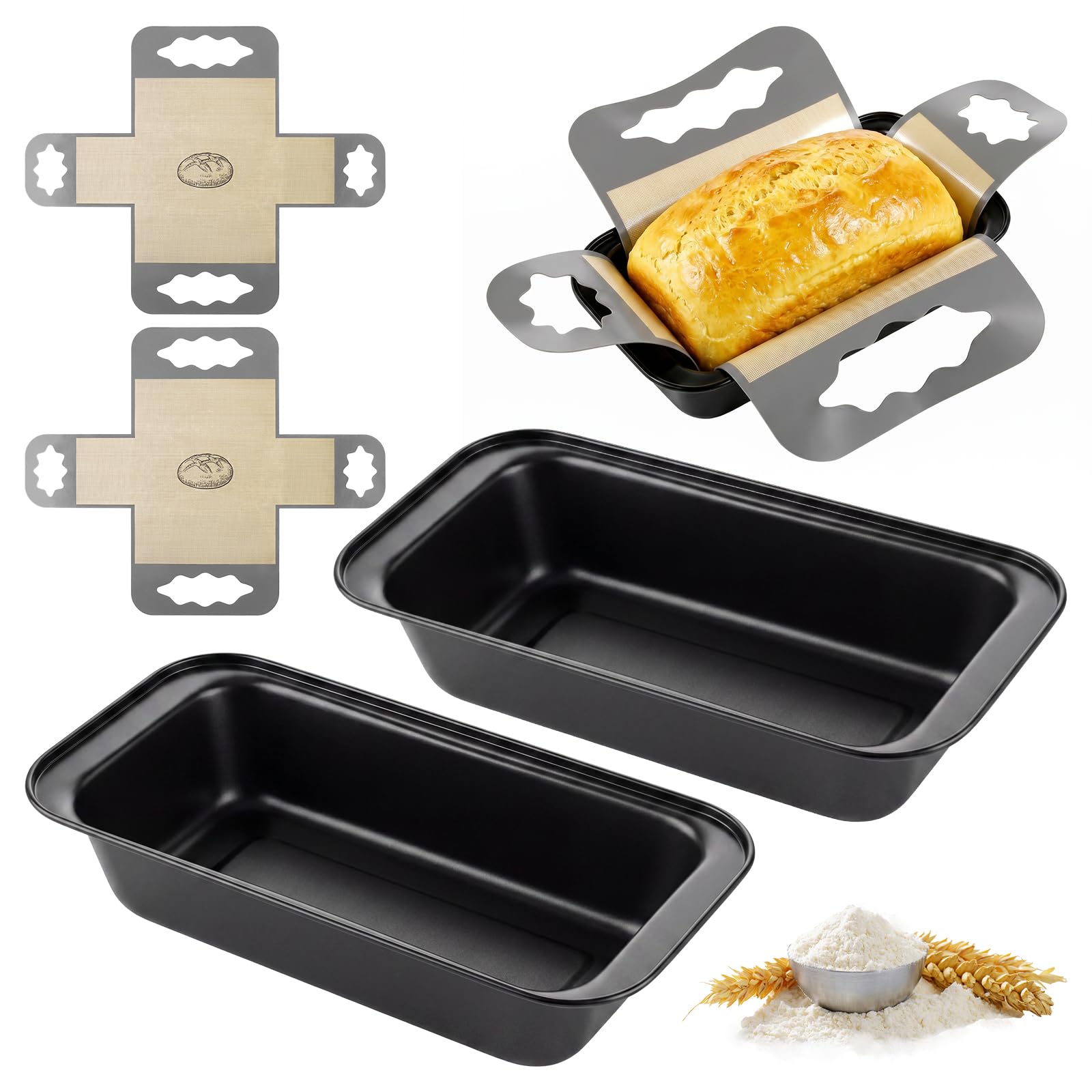 Hejo 2lb Loaf Tin with Liners, Nonstick Bread Tin, 2 Pack Carbon Steel Loaf Baking Pans with 2 Reusable Silicone Mats–Perfect for Banana Bread, Meatloaf, Sourdough