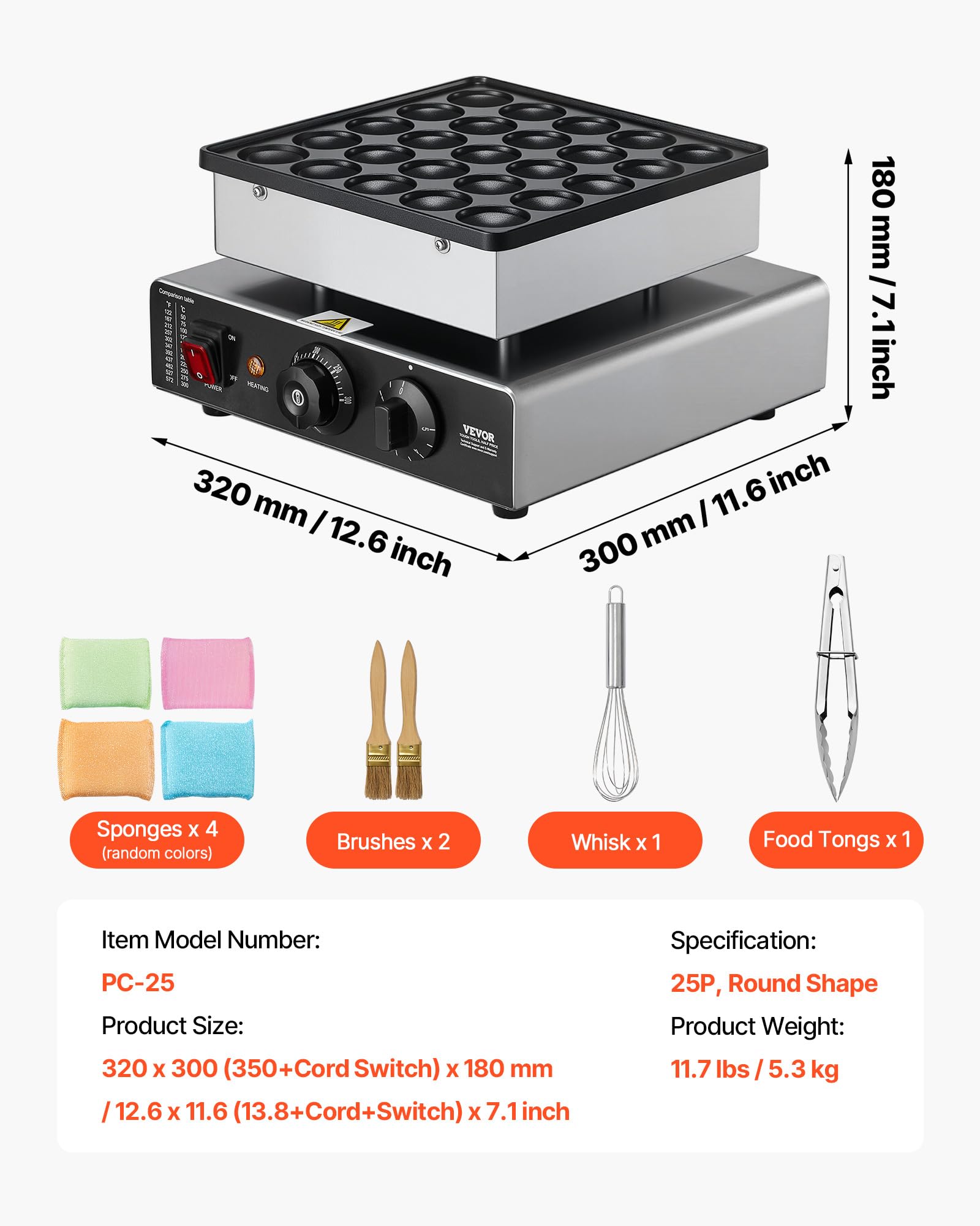VEVOR Mini Crêpière Électrique, Appareil à Pancakes Capacité 25PCS de 43 mm de Diamètre, Machine à Poffertjes Dorayaki Grille Antiadhésive en Inox, Contrôle de la Température et du Temps, Cuisine