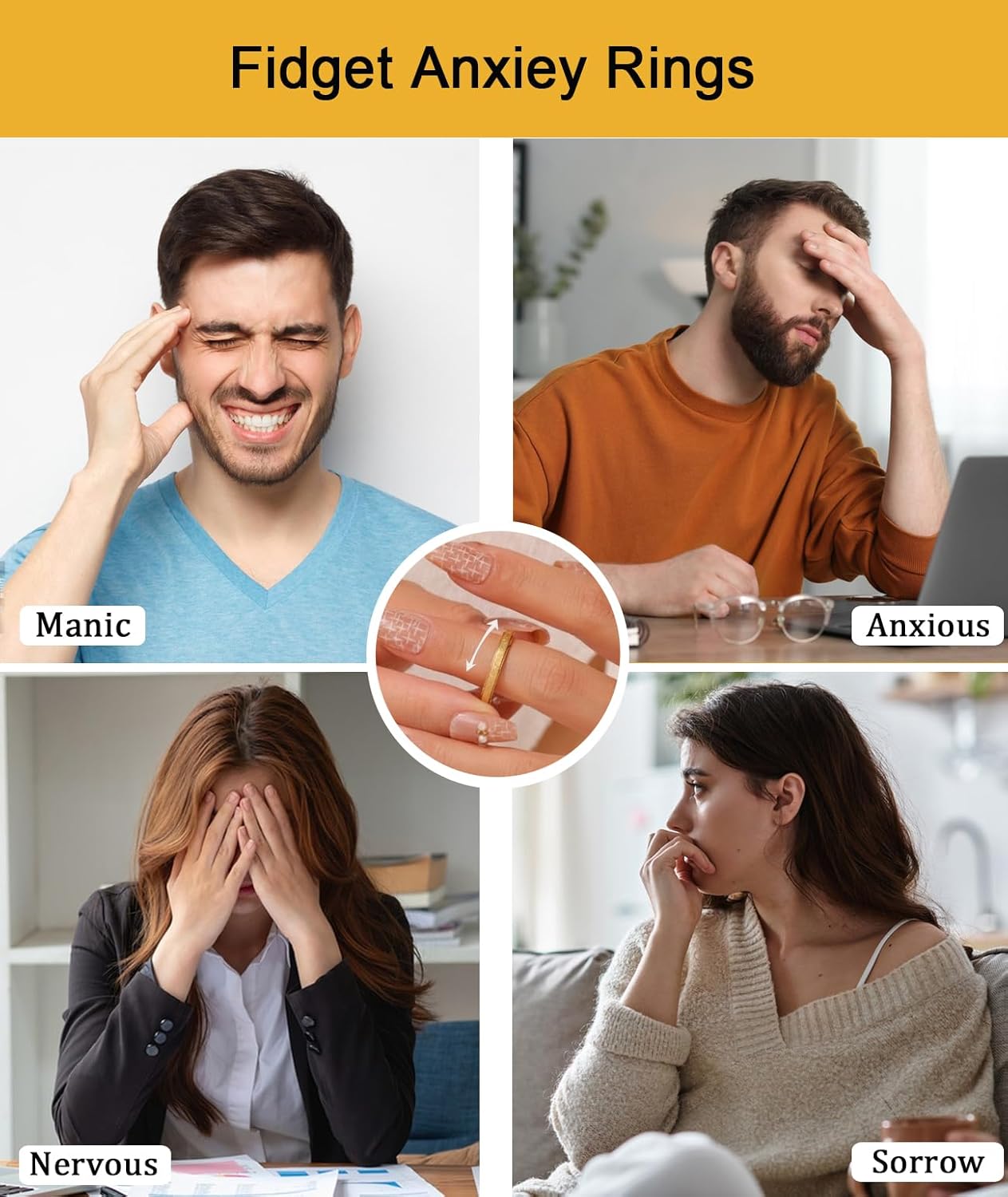 3mm Fidget Rings for Anxiety Relief - 18K Gold Plated Titanium Steel Glitter Sandblast Diamond Spinner Ring Set for Women Men Thin Stackable Thumb Rings Band Stress Relief Jewelry Non Tarnish - Image 6