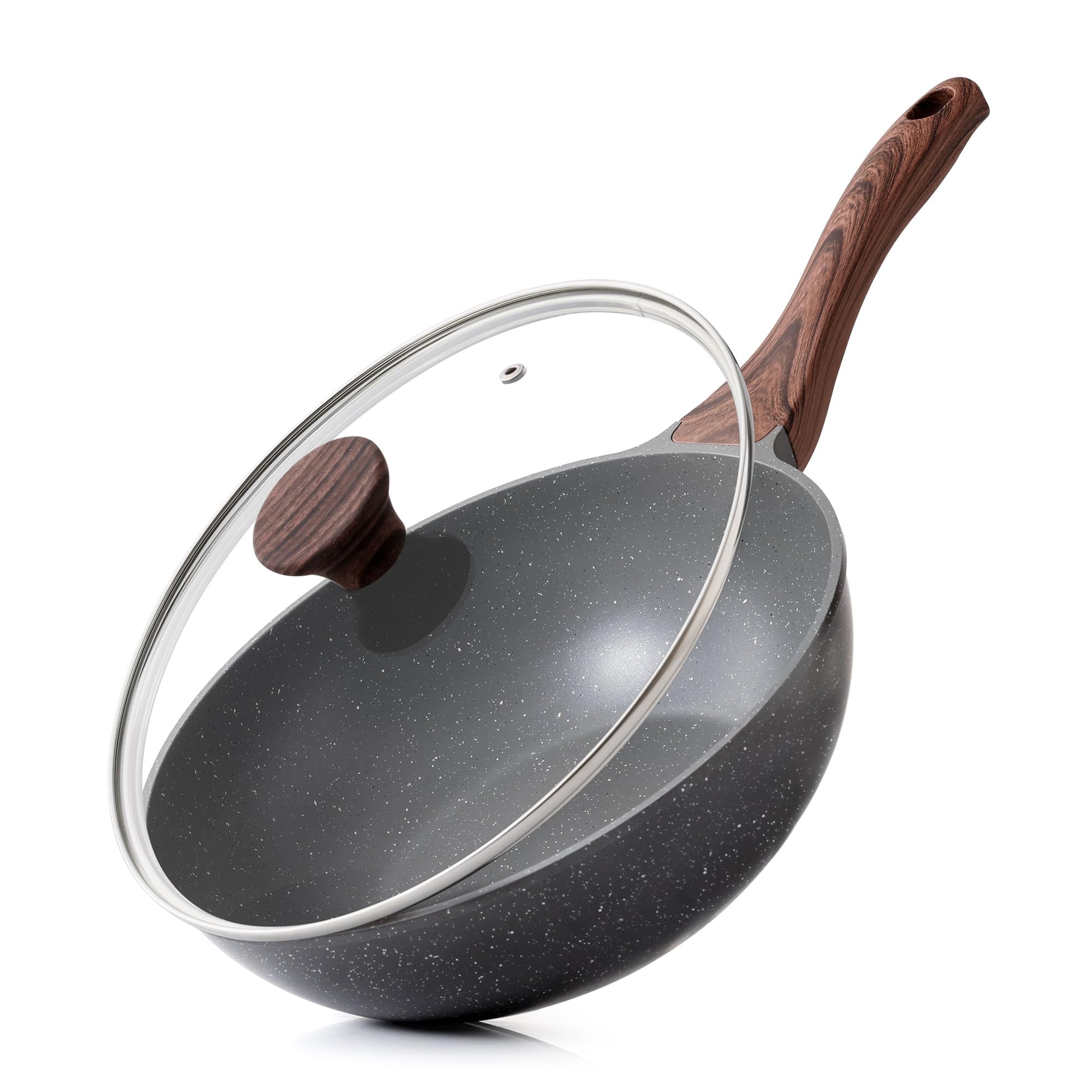 SENSARTE Frying Pot, 10.2 inches (26 cm), Wok, Marble Coat, Lid Included, Induction / Gas Fire Compatible, Non-Stick, High Heat Efficiency, Deep Frying Pan, Gray