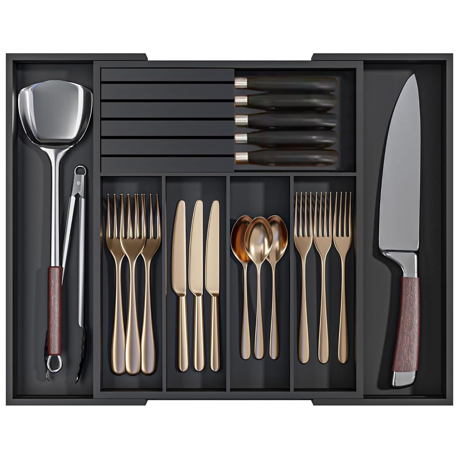 Rackhams Black Bamboo Cutlery Drawer Organiser With Knife Block Expandable Cutlery Tray For Kitchen Drawers 5-7Compartments - Bamboo - Cutlery Drawer Organiser