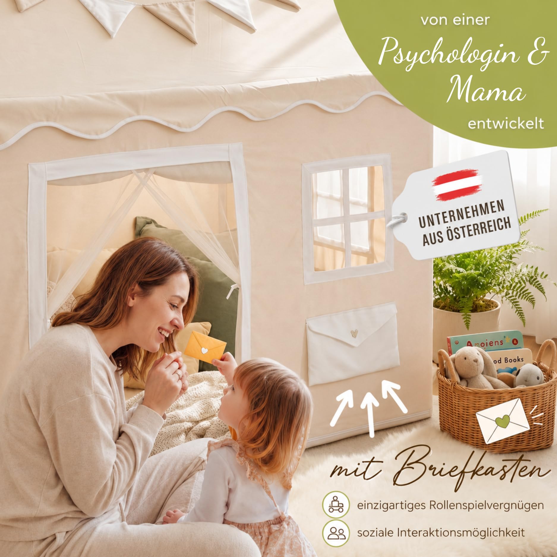LIONHERZ DAS ORIGINAL - Casetta giocattolo per bambini, con cassetta postale, tenda da gioco per interni con tappeto e ghirlanda, casetta per bambini, con 3 finestre e tenda per porte