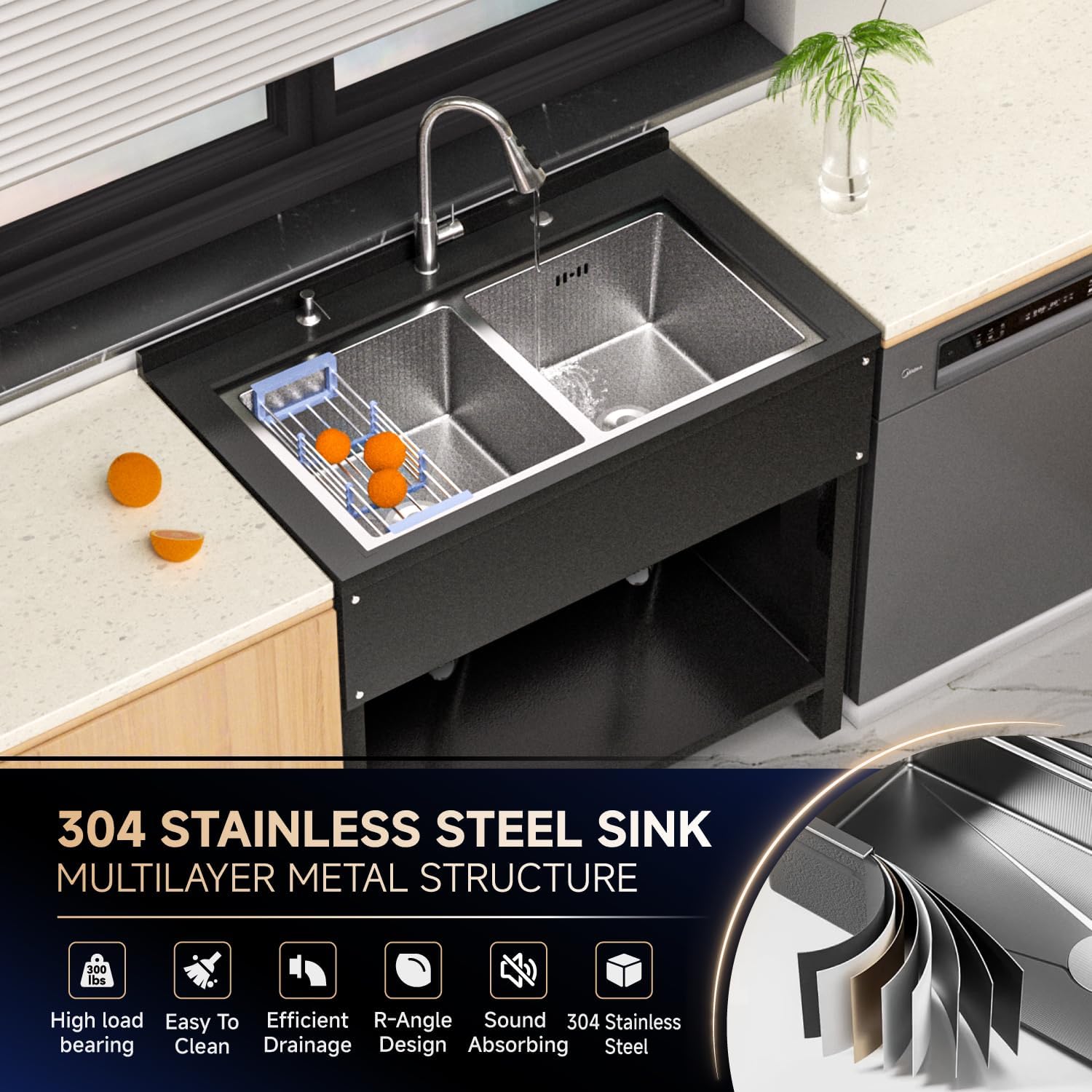 36" Stainless Steel Utility Sink, Double Bowl Freestanding Kitchen Sink with Pull-out Faucet, Heavy-Duty Commercial Sink Deep Sink for Garage,Bathroom,Shop, 35.6"L x 20.8"W x 36.6"H, Black