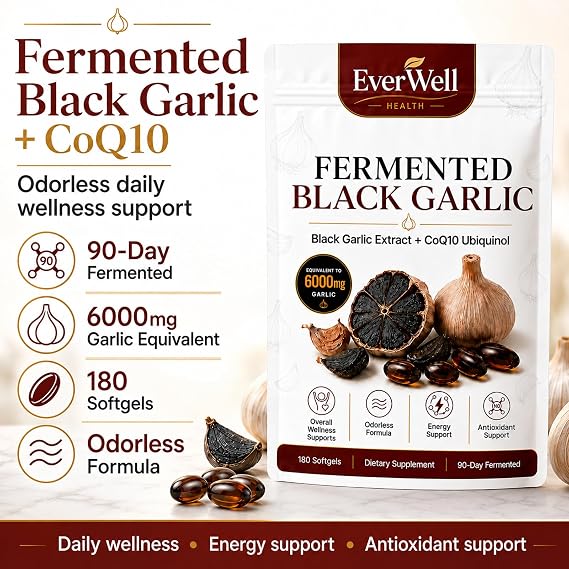 Black Fermented Black Garlic + CoQ10 Ubiquinol Softgels, Odorless Aged Garlic Extract Supplement, Antioxidant & Energy Support, Daily Wellness Support Formula, 180 Softgels